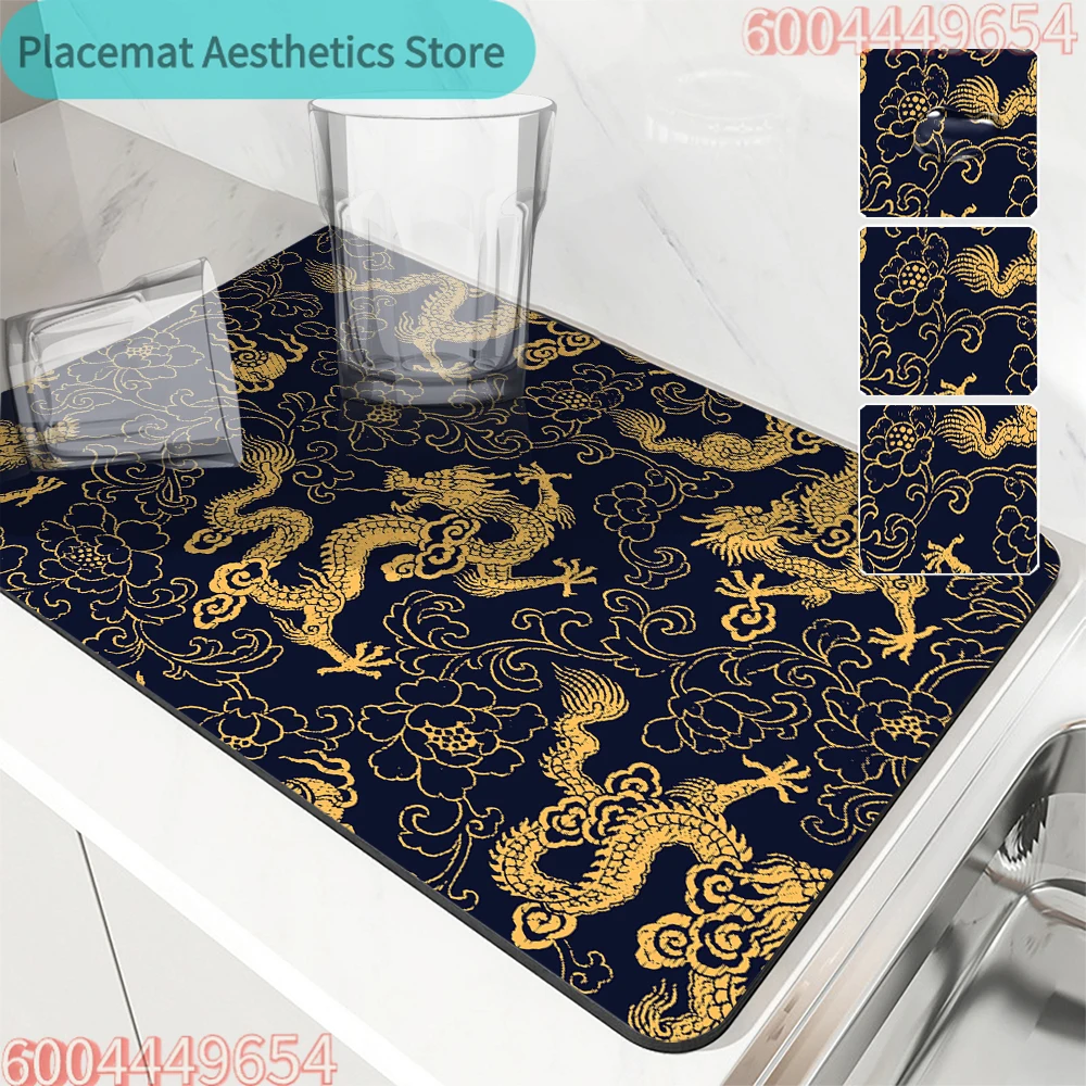 Kaffeetassen-Trockenmatte mit Chinesischem Drachen-Motiv, Rutschfeste Absorbierende Matte aus Kieselgur für Geschirr, Küchentheke und Kaffeebar