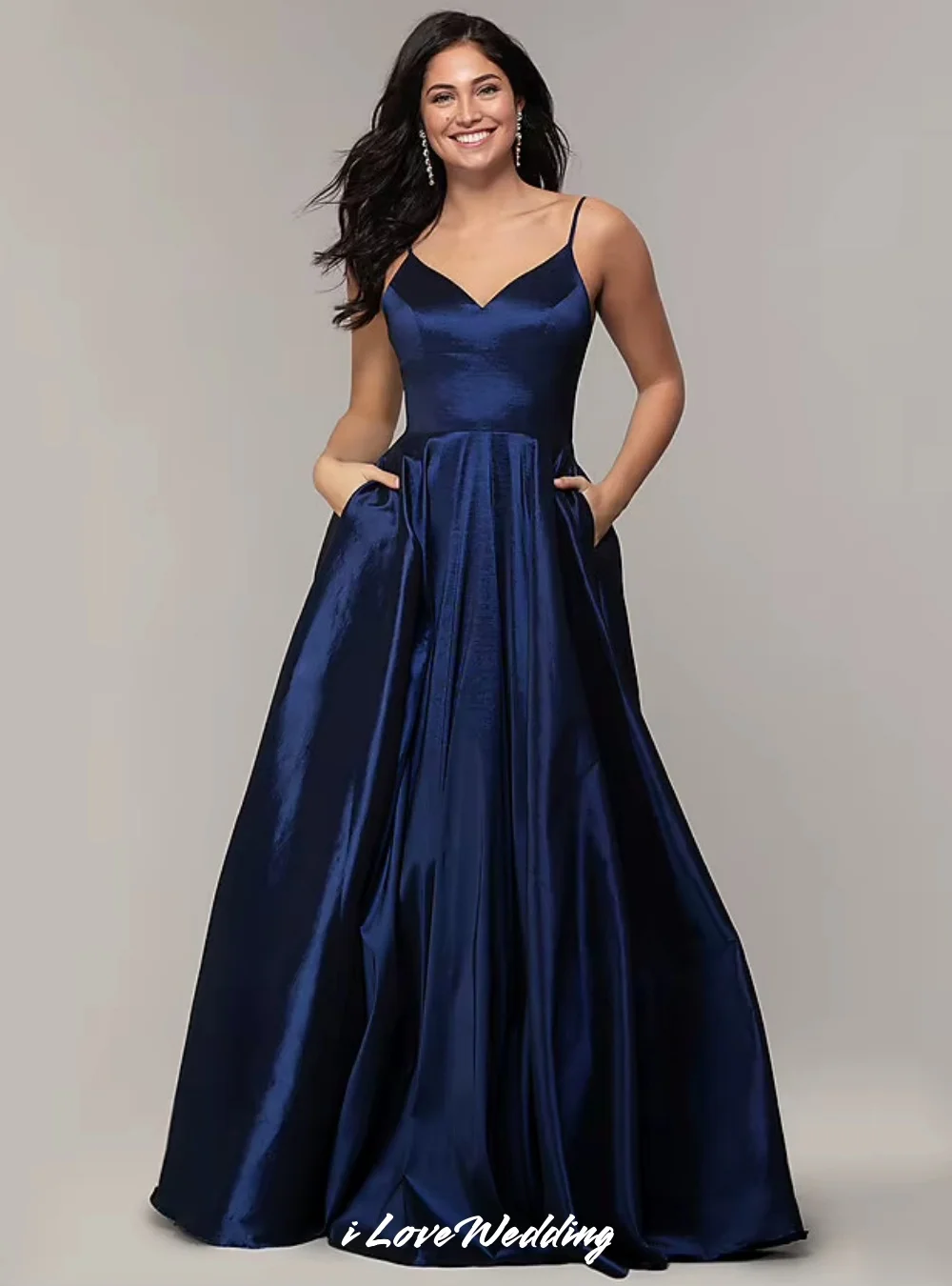 Dunkelblaues Abendkleid mit Spaghettiträgern 2022, Satin, ärmellos, V-Ausschnitt, A-Linie, rückenfrei, bodenlang, Hochzeitskleid, individuell gestaltet