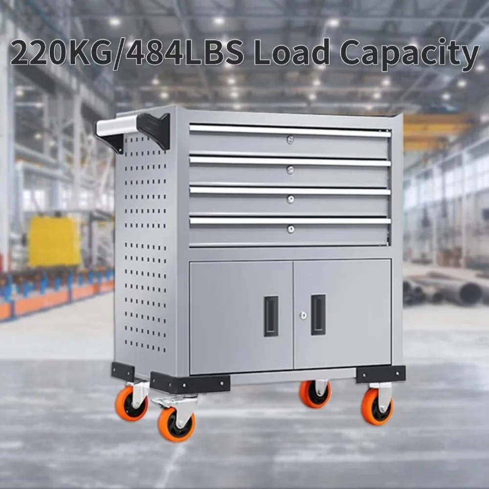 عربة أدوات دوارة ذات 4 أدراج شديدة التحمل - سعة 440 رطلًا، خزانة تخزين صناعية لورشة العمل، المرآب، ومساحات الإصلاح