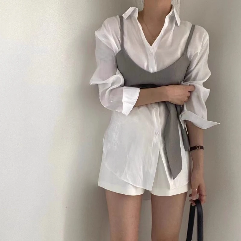 Neploe 2024 Spring New All-match Lace Up Camisole Vest+ Lapel Neck Long Sleeve White Shirts Women Y2k Simple Two Piece Sets