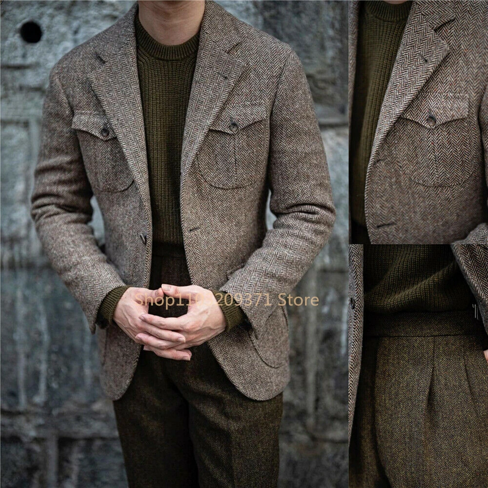 Tweed Blazer Men Vintage Casual Herringbone Tweed Suit Jackets Three Buttons Notch Lapel Wool Blend Sports Coat For Wedding