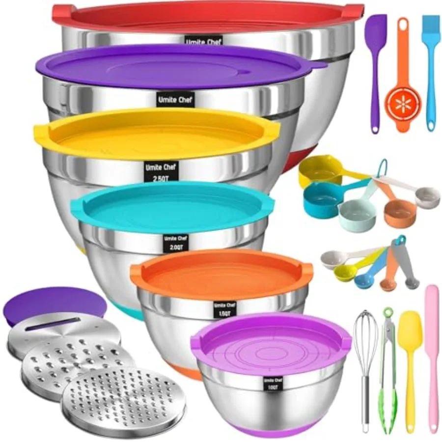 

Thickened Heavy-Duty 26pcs Stainl Steel Bowl, Mixing Bowl Set with Lid, Grater Attachment, Non-Slip Bottom and Kitchen Gadget S