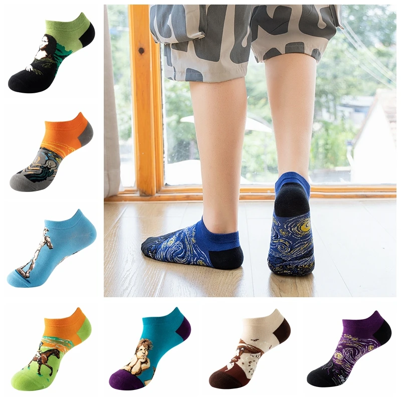 Men Parkour Short Socks Summer Fashion Cartoon Ankle Socks Art Shouting Mona Lisa pattern Sox Women Breathable Funny sock