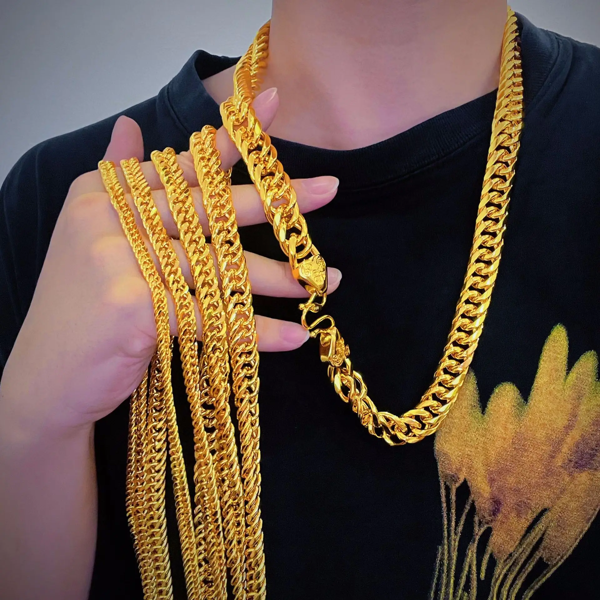 9999 Real Gold 24K Thickened Golden Fortune Buckle Boss Necklace Real Gold Necklace Thick Necklace Jewelry Horsewhip Chain