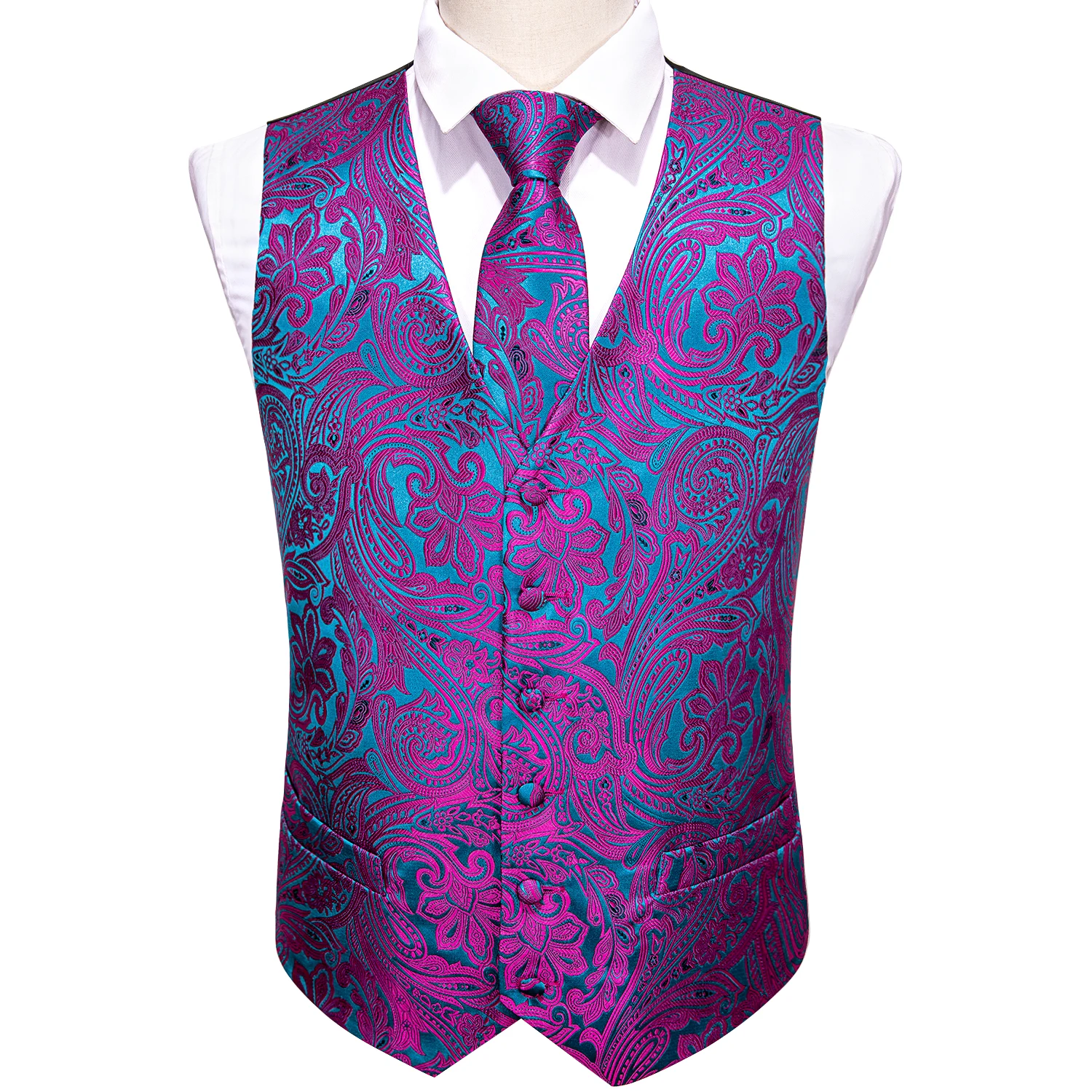 Rose Red Men Wedding Suit Vest Blue Floral Jacquard Folral Silk Waistcoat Vests Handkerchief Tie Vest Suit Set Barry.Wang Design