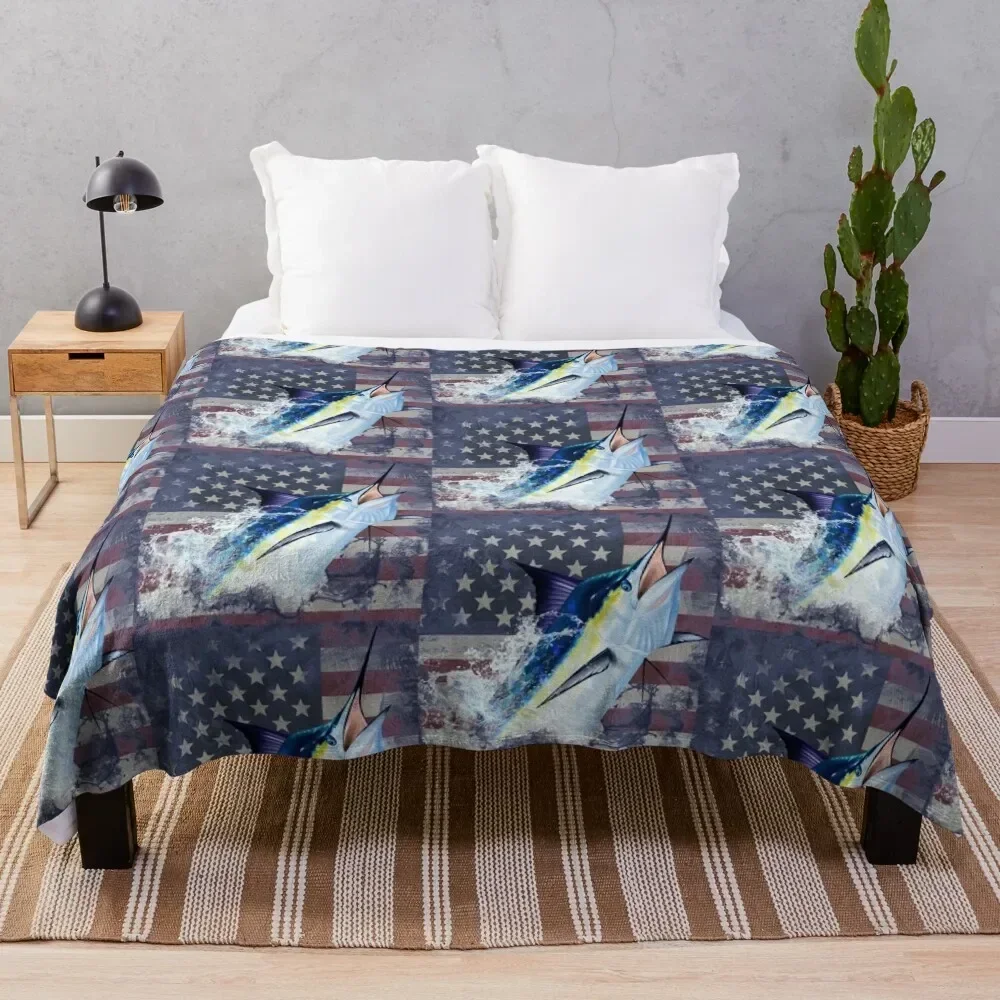 Blue Marlin with US Flag Throw Blanket Cute Flannel Blankets