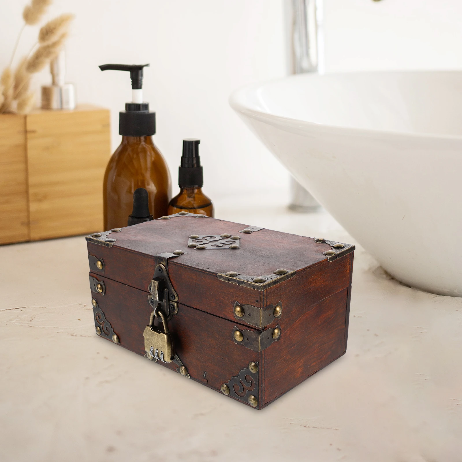 

Vintage Jewelry Box Storage Chest Desktop Boxes for Women Treasure with Lock Wood Password Small Bedroom