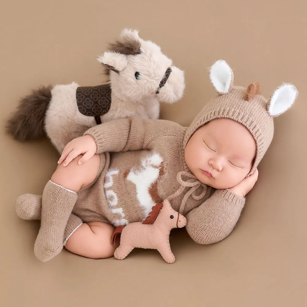 0-1 Month Newborn Photography Props Cute Cartoon Theme Horse Style Outfits for Baby and Horse Doll and Wooden Milestone Props
