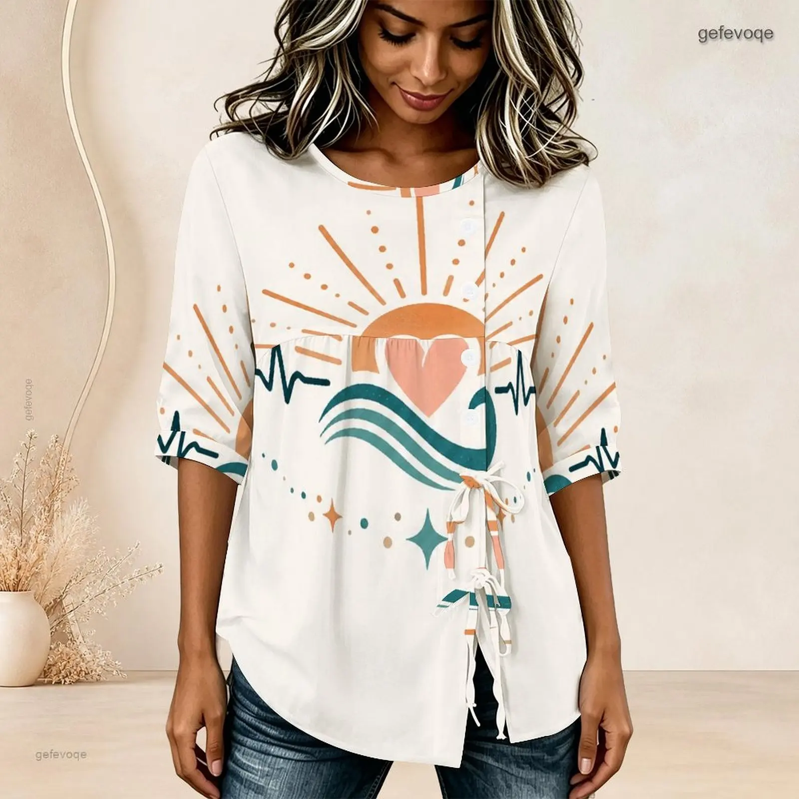 Women Blouse with Print Round Neck Half Sleeve Gathered Front Button Detail Tie Hem
