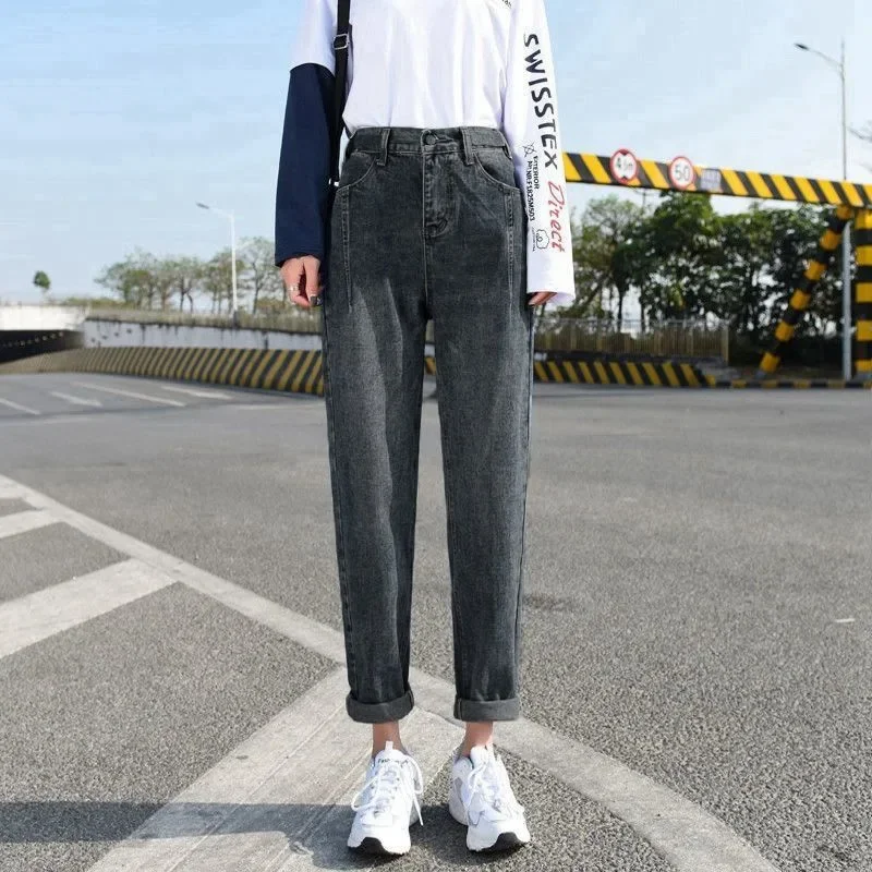 جينز نسائي عالي الخصر للتخسيس من قماش الدنيم على الطراز الكوري للارتفاع متعدد الاستخدامات للطالب مستقيم الساق جديد ربيع الخريف هارلان أبي لون #4