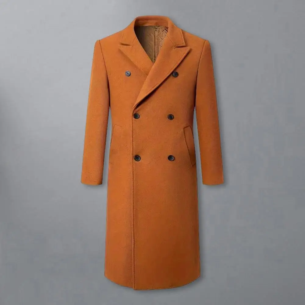 الرجال سترة واقية دعوى طوق كم طويل مزدوجة الصدر سميكة معطف الصوف بلون جيوب تصميم منتصف طول الذكور أبلى #3