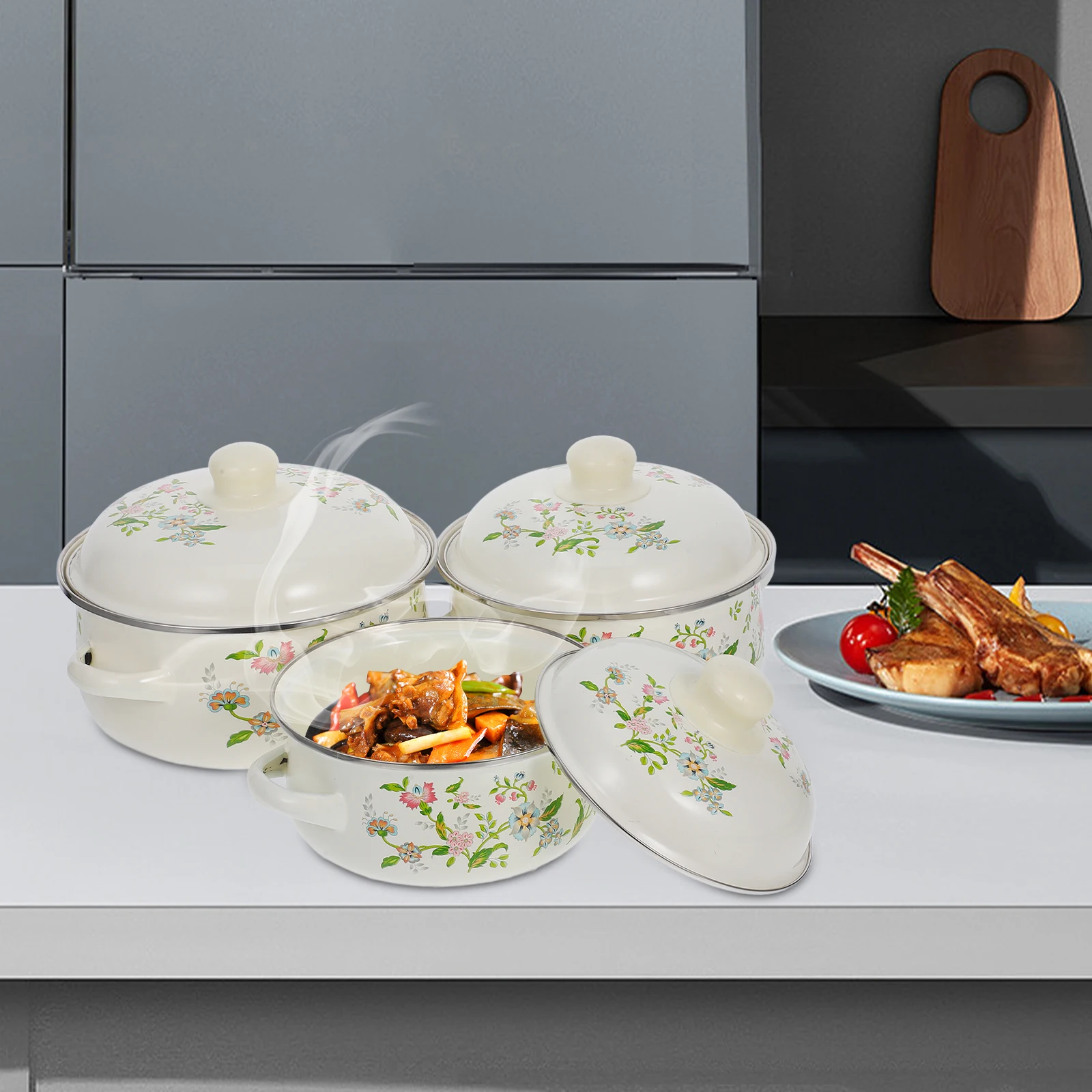 

3Pcs Enamel Mini Stockpot Set Floral Design High Heat Resistance Easy Clean Small Pots Ideal For Various Culinary Tasks