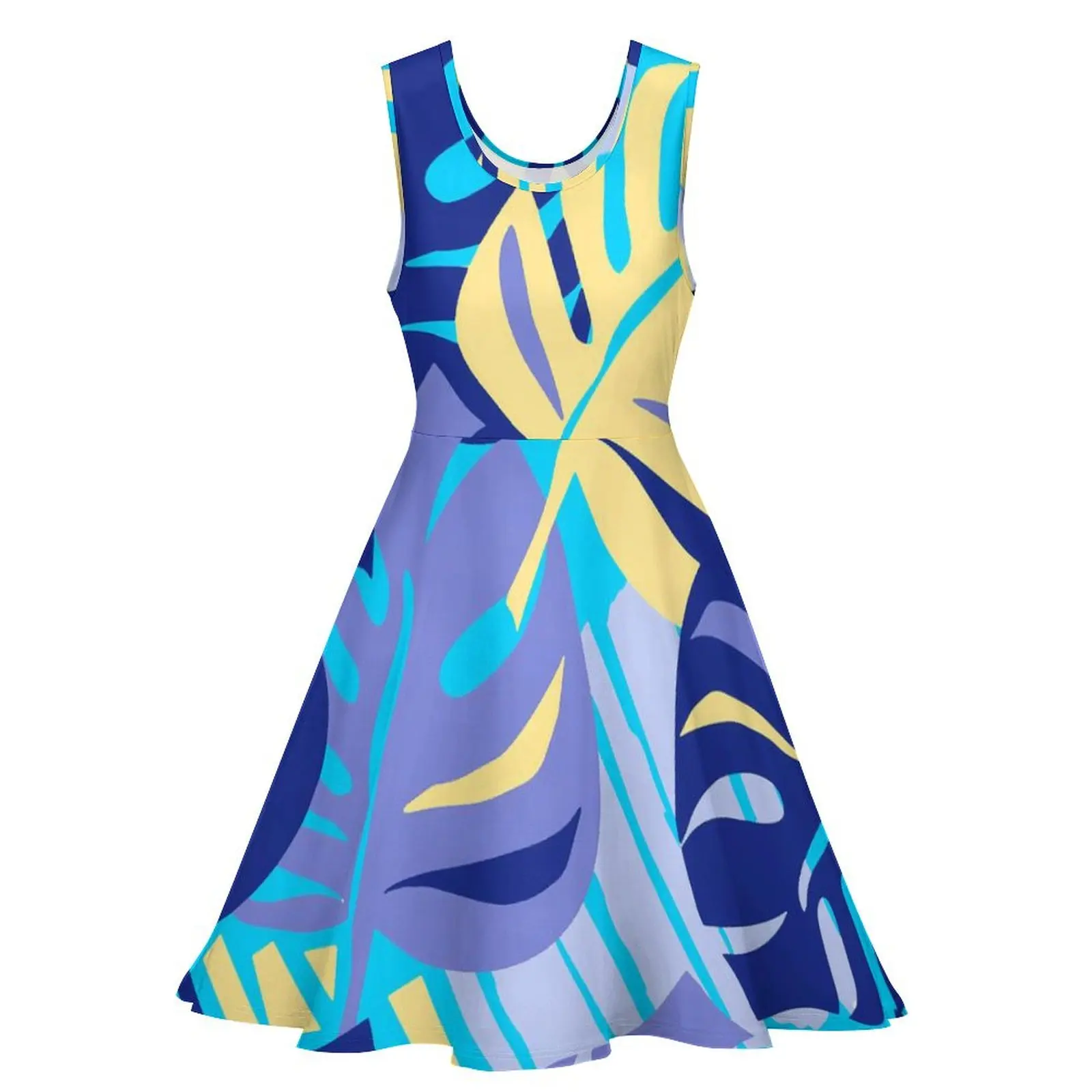 Tropical Leaf Dress Blue And Orange Elegant Dresses Sleeveless Street Fashion Skate Dress Womens Pattern Vestidos Gift Idea