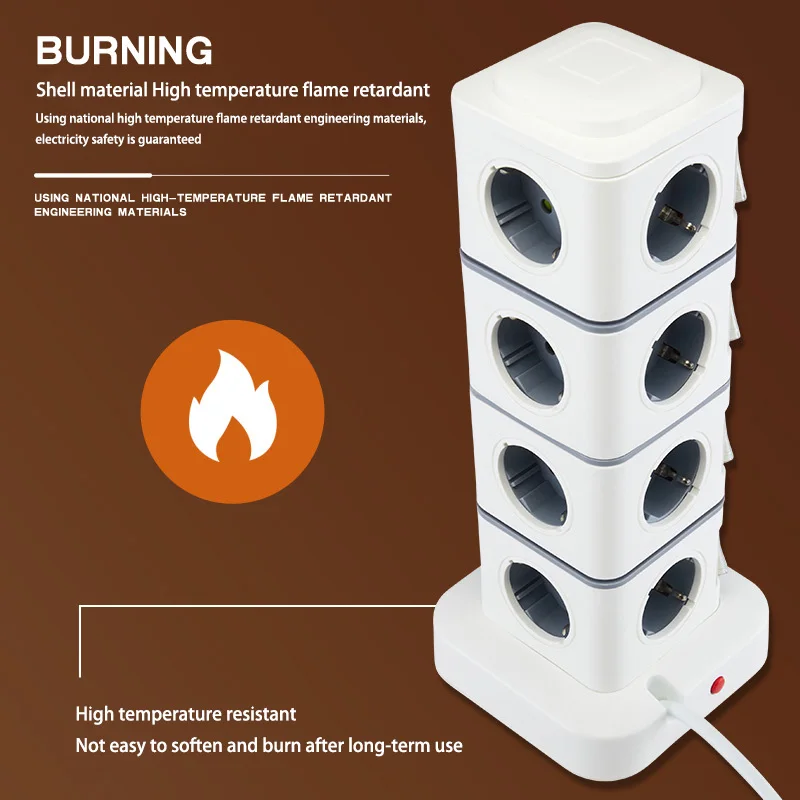 Listwa zasilająca wieżowa 12-gniazdowa z 4 portami USB, przewód przedłużający 1,8 m, wtyczka EU, zabezpieczenie przed przeciążeniem, włącznik, pionowa listwa zasilająca.