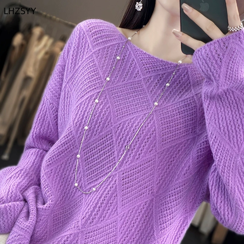 LHZSYY Ladies\' New Cashmere Sweater Word Neck Jacquard Knit Pullovers Solid Loose Large size Tops Autumn Winter Wool Warm Blouse