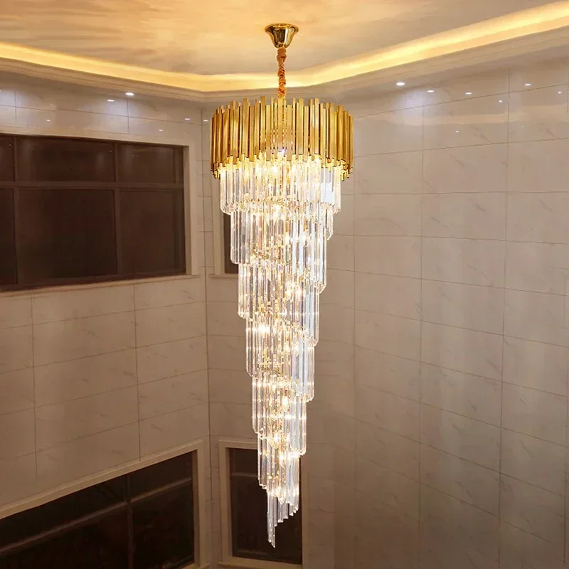 

Modern crystal chandelier for staicase long villa hanging light fixture large home decor gold stainless steel led cristal lamp