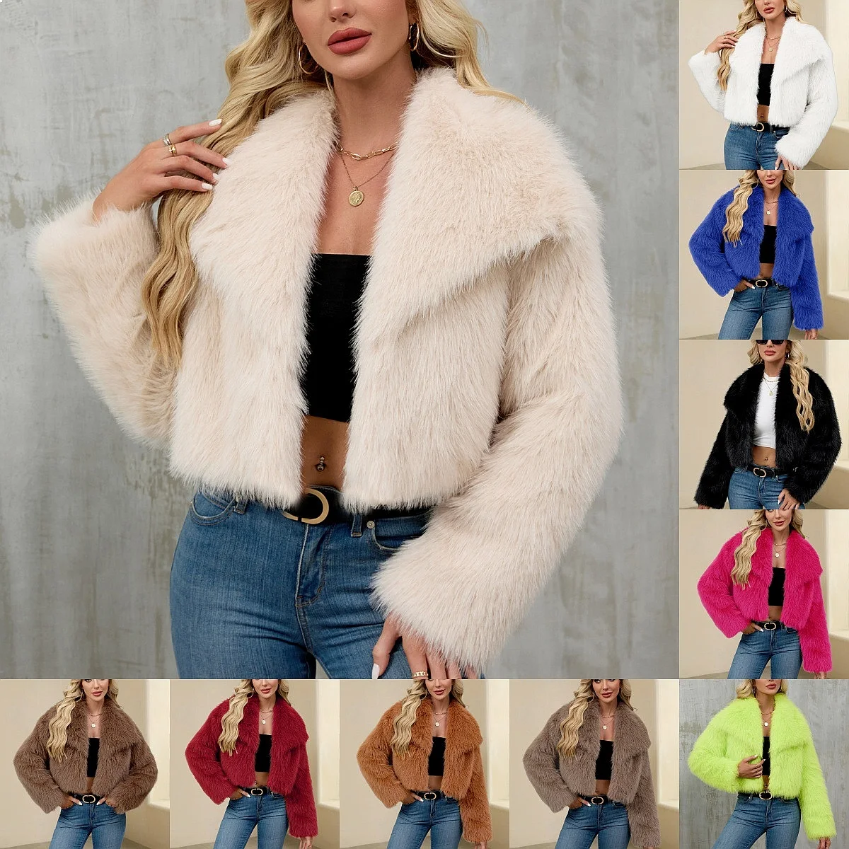 Women Faux Fur Coat Short Fluffy Jacket with Notch Lapel Winter Coats Outerwear