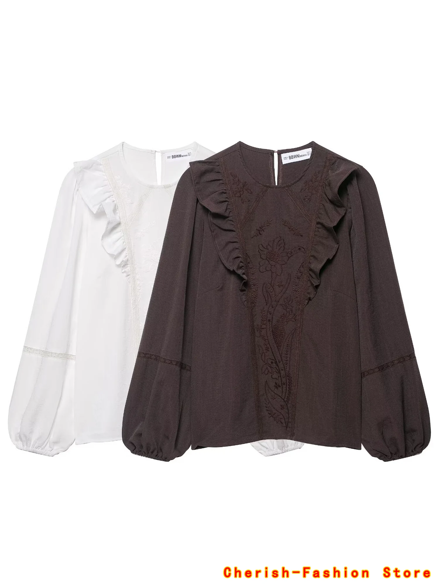 

2025 Новая женская мода с оборками и вышивкой, брендовая женская однотонная пуловер с длинными рукавами и круглым вырезом, футболка, блузка, топ