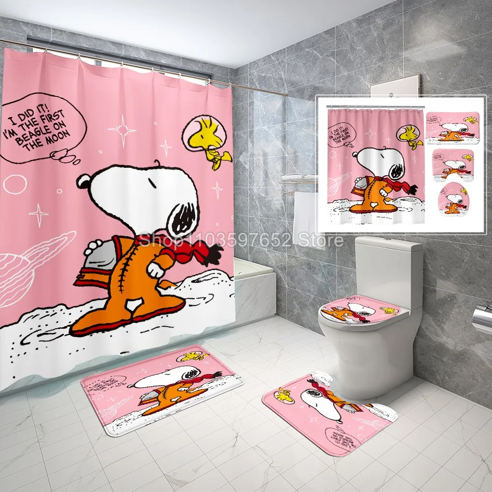 Cute Snoopy Bath Curtain 4PC Set Bathroom Shower Curtain Waterproof Curtains in the Bathroom Soft Bath Mat Toilet Carpet Rugs