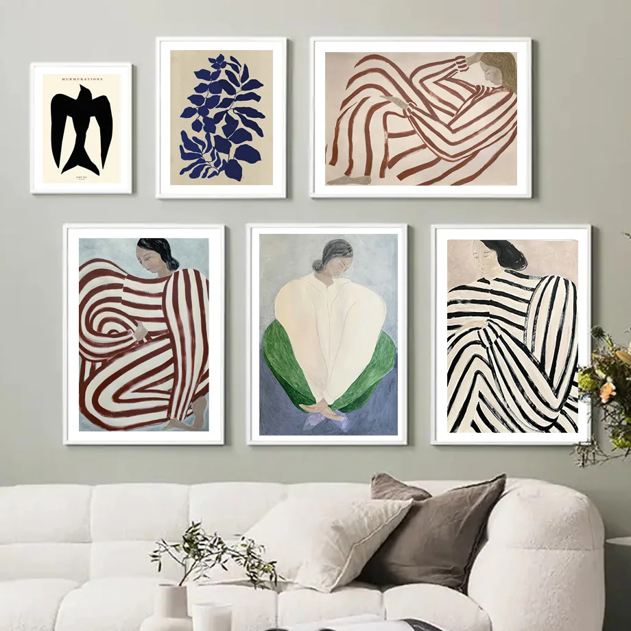 Curve Stripe Girl Line Bird Leaf Modern Abstract Posters And Prints Wall Art Canvas Painting Bar Pictures For Living Room Decor