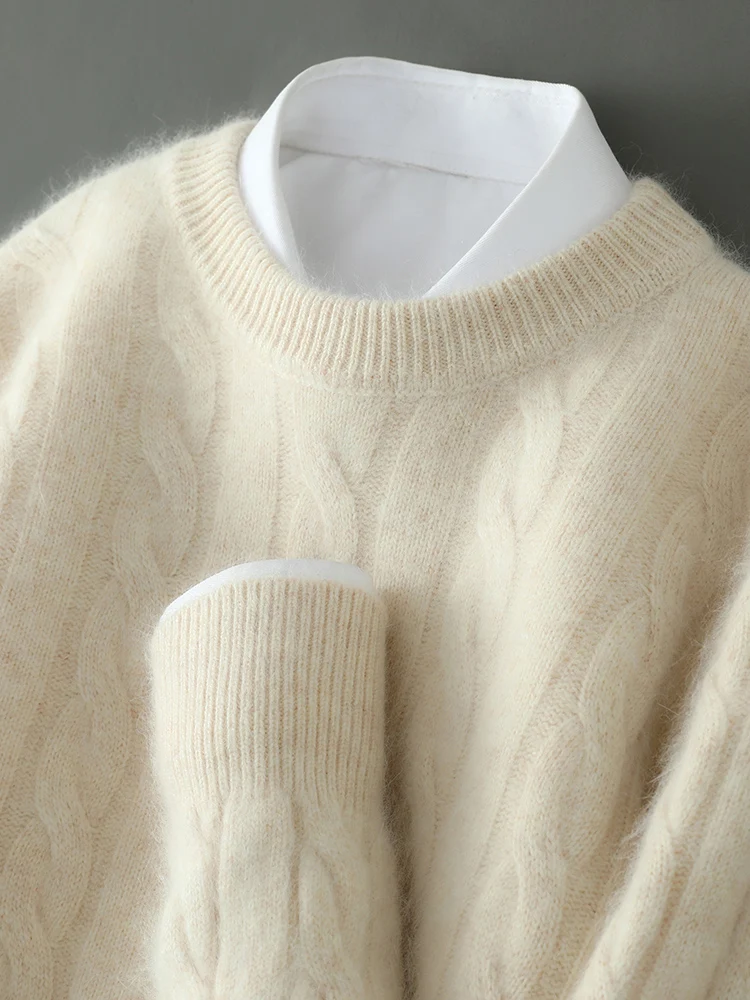 ANGEL Men's O-Neck Sweater Autumn Winter 100% Mink Cashmere Cable Knit Smart Casual Pullover Cashmere Knitwear High Quality Top