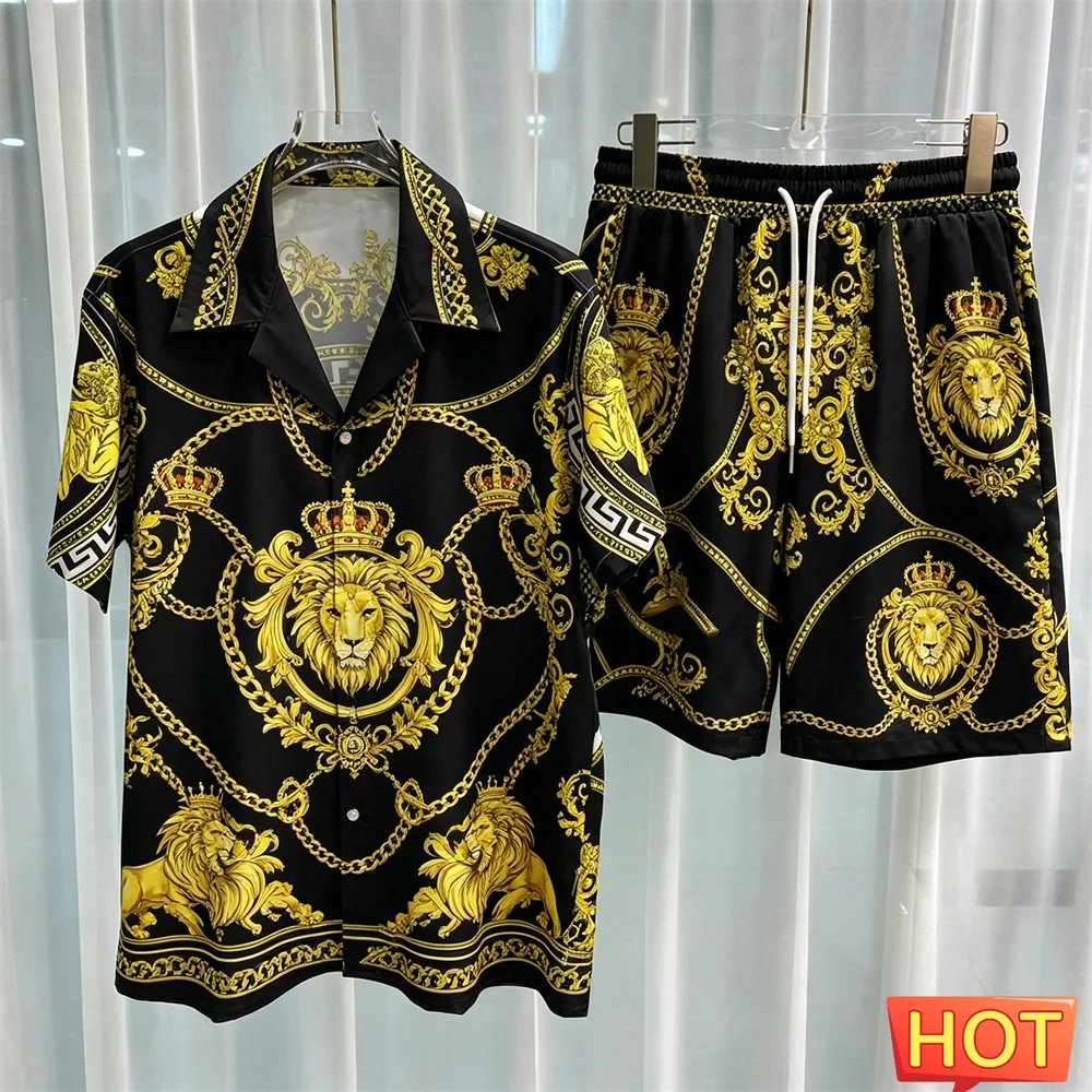 

Summer Men's Shirt Sets Lion Crown Pattern Luxury Two Piece Outfit Casual Home Pajamas Suit Fashion Short Sleeve Shirts Clothing