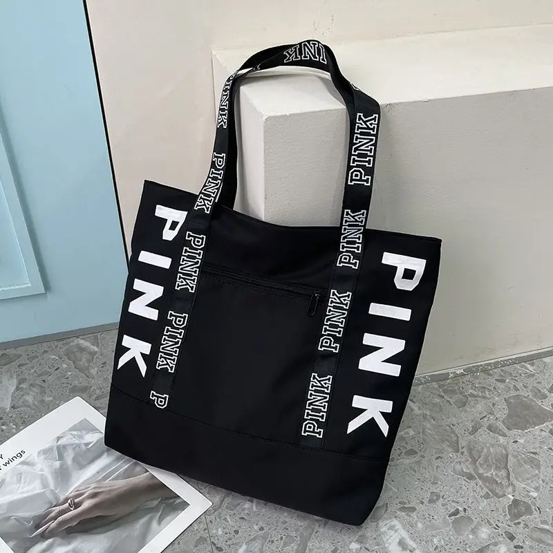 PINK Letter Black Colorblock Nylon Graphic Casual Sports Fitness Tote Handbags