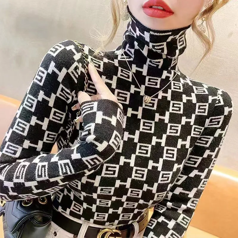 Women Letter Jacquard Slim Turtleneck Sweaters 2024 Spring New Vintage Fashion Daily Casual All-match Knitted Pullover Top