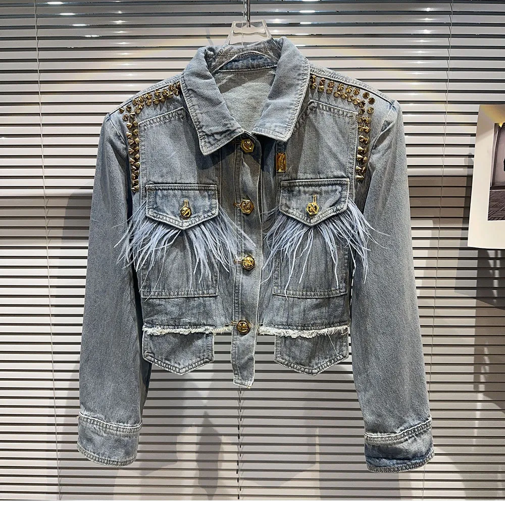 

Autumn Spring Street New Spicy Girl Denim Coat Ladies Metal Rivet Feather Splice Jean Jackets Female Casual Short Lapel Outwear