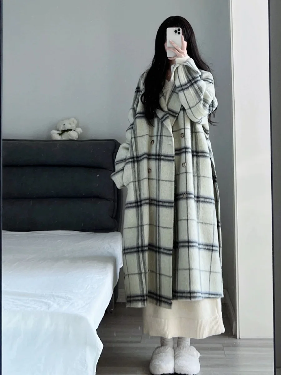 Fashion Retro Style Suit Collar Long Sleeve Plaid Woolen Women's Coat 2023 Autumn Winter Double Breasted Stitching Woolen Coat