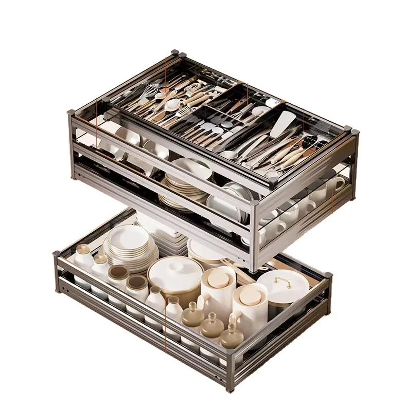 Large Capacity Kitchen Cabinet Pull Basket Drawer Three-layer Drawer Dish Basket Aluminum Alloy Open Door Dish Rack
