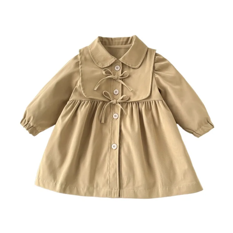

Spring Solid Babys Girl Trench Coat Casual Cotton Turn Down Collar Kid Girl Jackets Coat Bow Ruched Waist Toddler Girl Outerwear