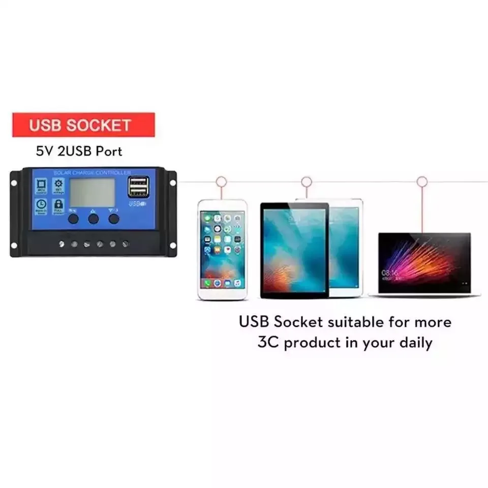 LCD Display Solar MPPT 10A 20A 30A Charge Controller Dual USB 12V 24V Solar Cell Panel Charger Regulator with Load