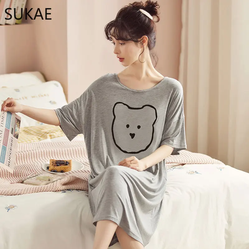 SUKAE M-5XL Cool Modal Summer Night Dress Women Plus Size Short Sleeves Sleepshirt Woman Sleepwear Unique Design Pajama Dressing