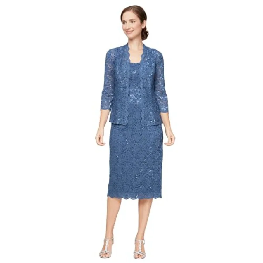 Women's Tea Length Sequin Lace Mother of The Bride Dress with Illusion Sleeve Jacket