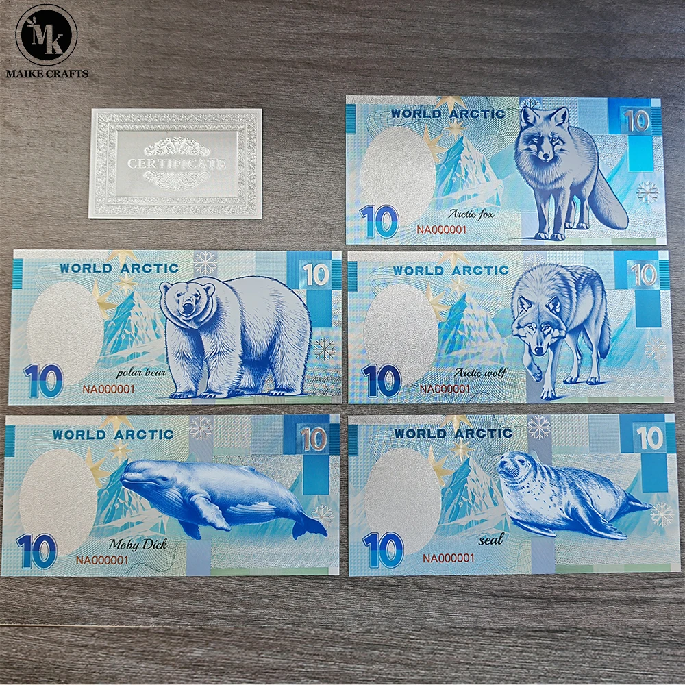 

Arctic World Animal Silver Foil Banknotes Arctic Wolves, Polar Bears, Seals, Arctic Foxes Blue Whales Plastic Money with UV Gift