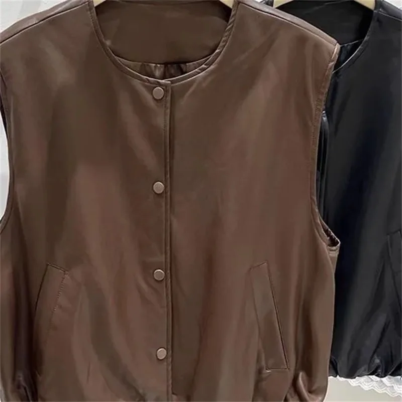 

Spring Autumn Ladies Casual PU Leather Sleeveless Outwear Women Round Neck Vest Coat Korean Female Faux Leather Waistcoat Jacket