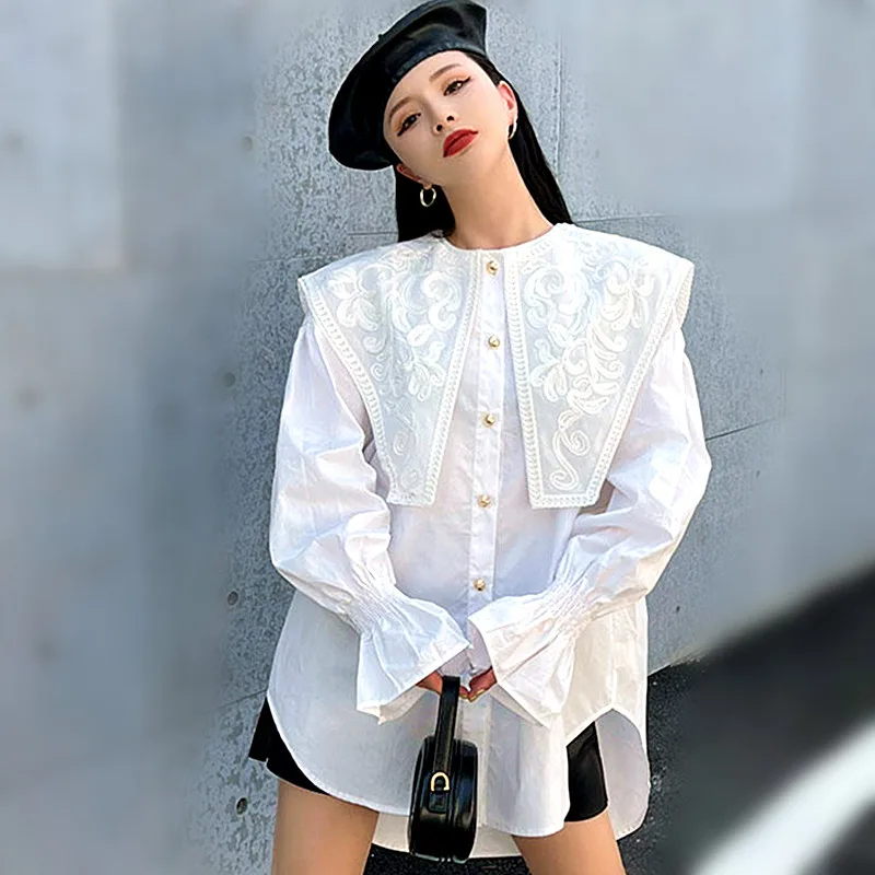 

Новый подиум, корейские свободные рубашки, блузки с длинным рукавом-фонариком, женские дизайнерские рубашки с вышивкой и большим воротником, блузки, топы NZ311