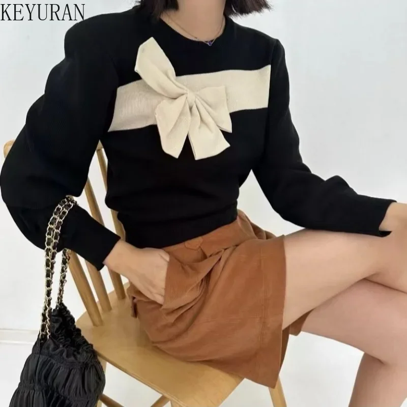 2024 Autumn Winter New Sweet Big Bow Knitted Pullover Sweater Women Korean Chic O-neck Long Sleeve Sweaters Jumper Knitwear Tops