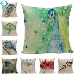 Cotton Linen Decorative Sofa Covers Watercolor Plant Bird Lumbar Pillow Covers Cushion Cover Home Decoration Pillowcase 45X45CM