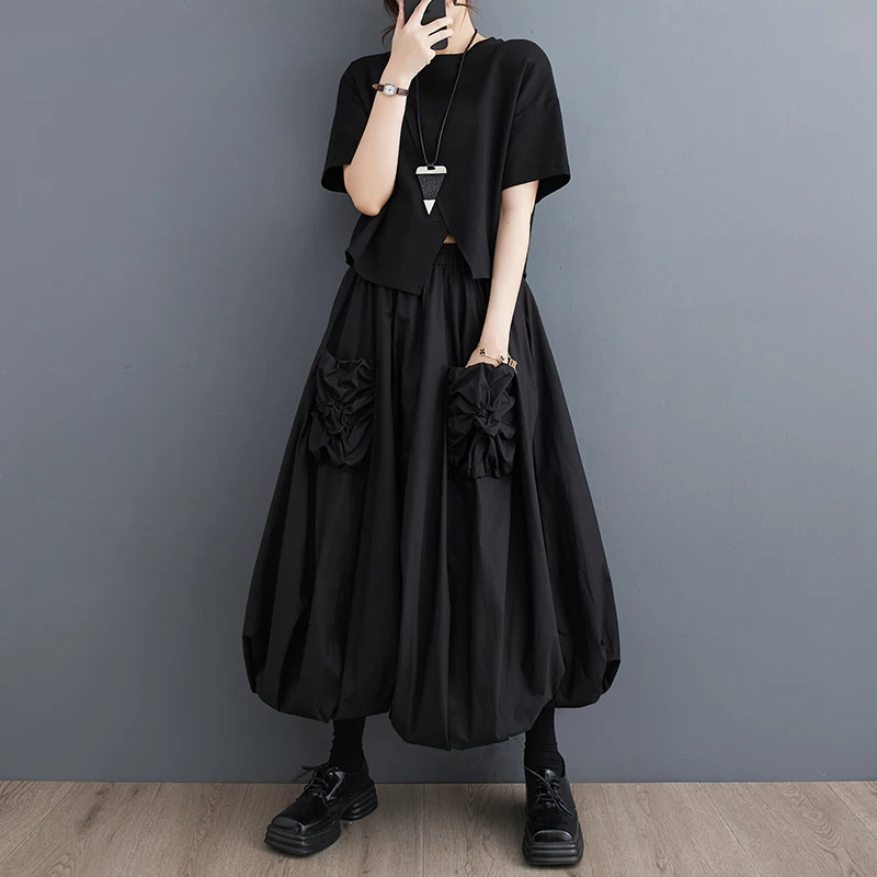 

Spring Summer Women's Loose Pure Color Lantern Skirt with kets Double Layer Fluffy A-Line Midi Skirt Versatile High Waist