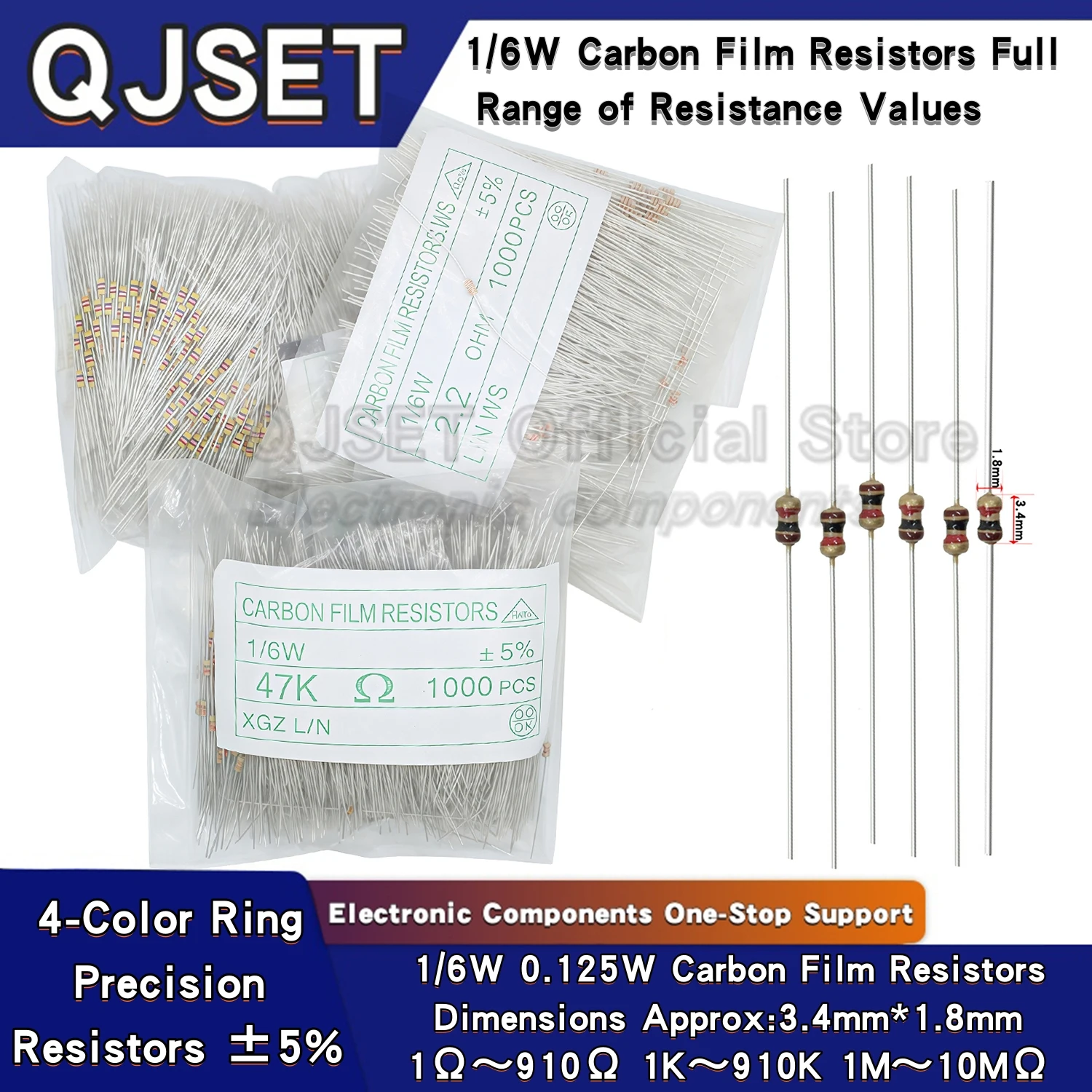 ตัวต้านทานฟิล์มคาร์บอน 1000 ชิ้น 1/8W 1/6W ความละเอียด 5% 0.125W 1K 4.7K 10K 22K 47K 100k 200k 220k 510k 470K 1M โอห์ม 10 100 200 220 330 470 โอห์ม