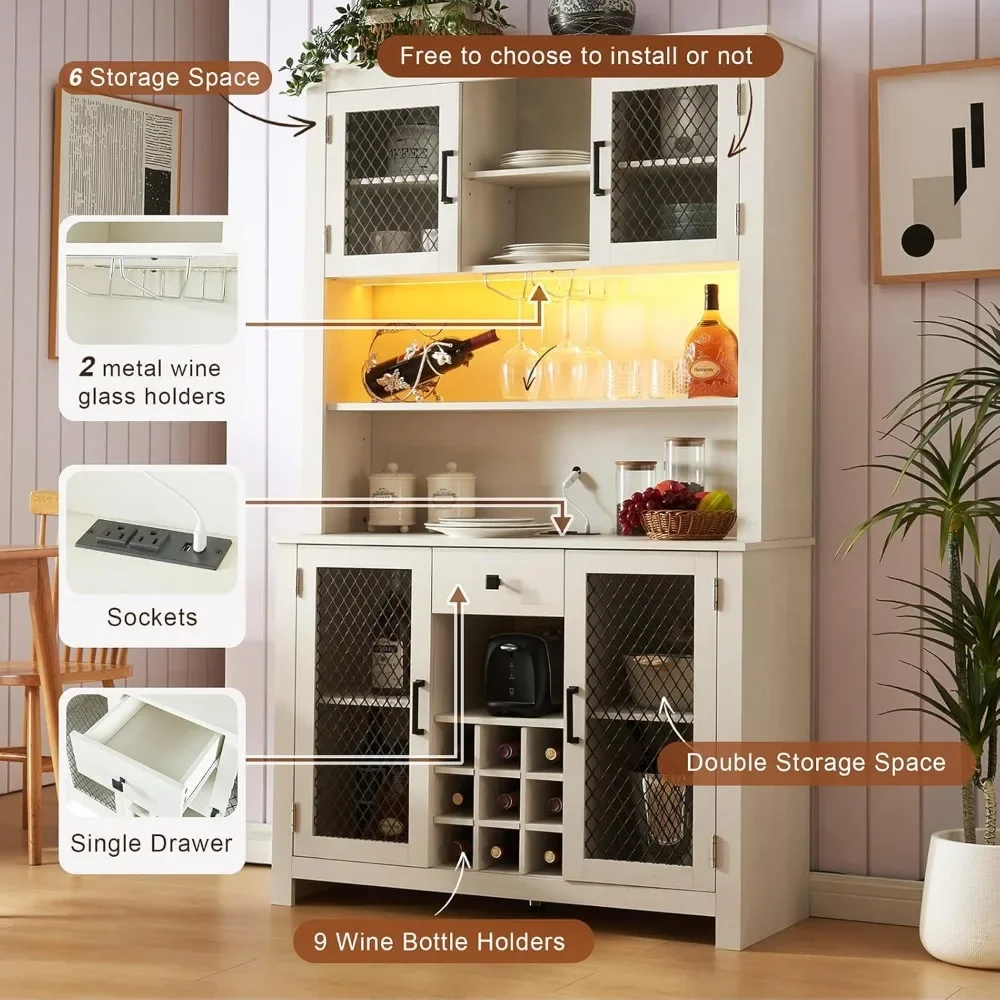 Armoire à vin avec lumière LED et sorties, étagère de rangement pour bouteille de vin T1, verre à vin T1, meuble de bar rustique, 70 po