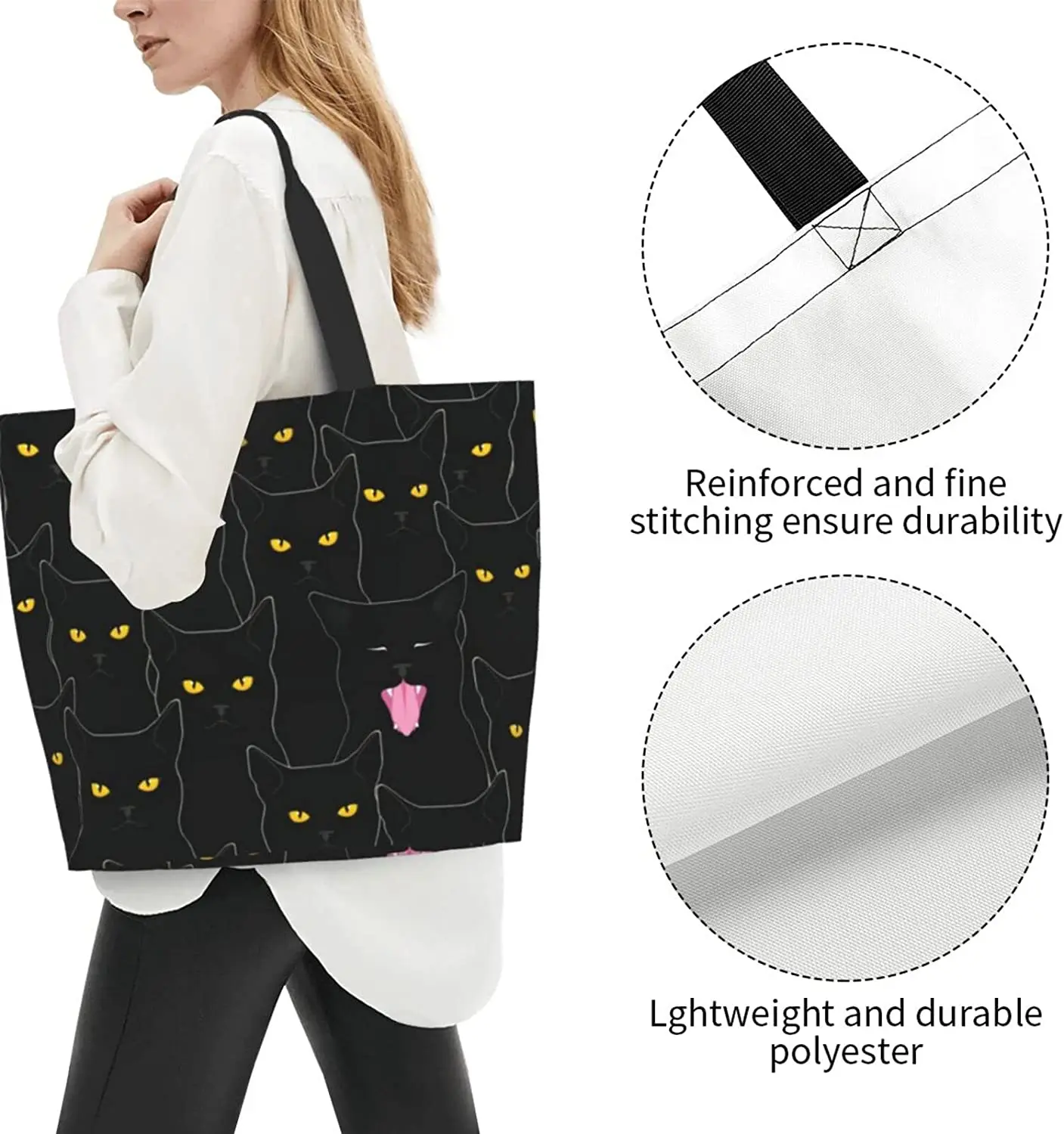 Cat Large Tote Bag for Women Reusable Grocery Bag Waterproof Shopping Handbag with Inner Pocket for Travel Work Beach Gym