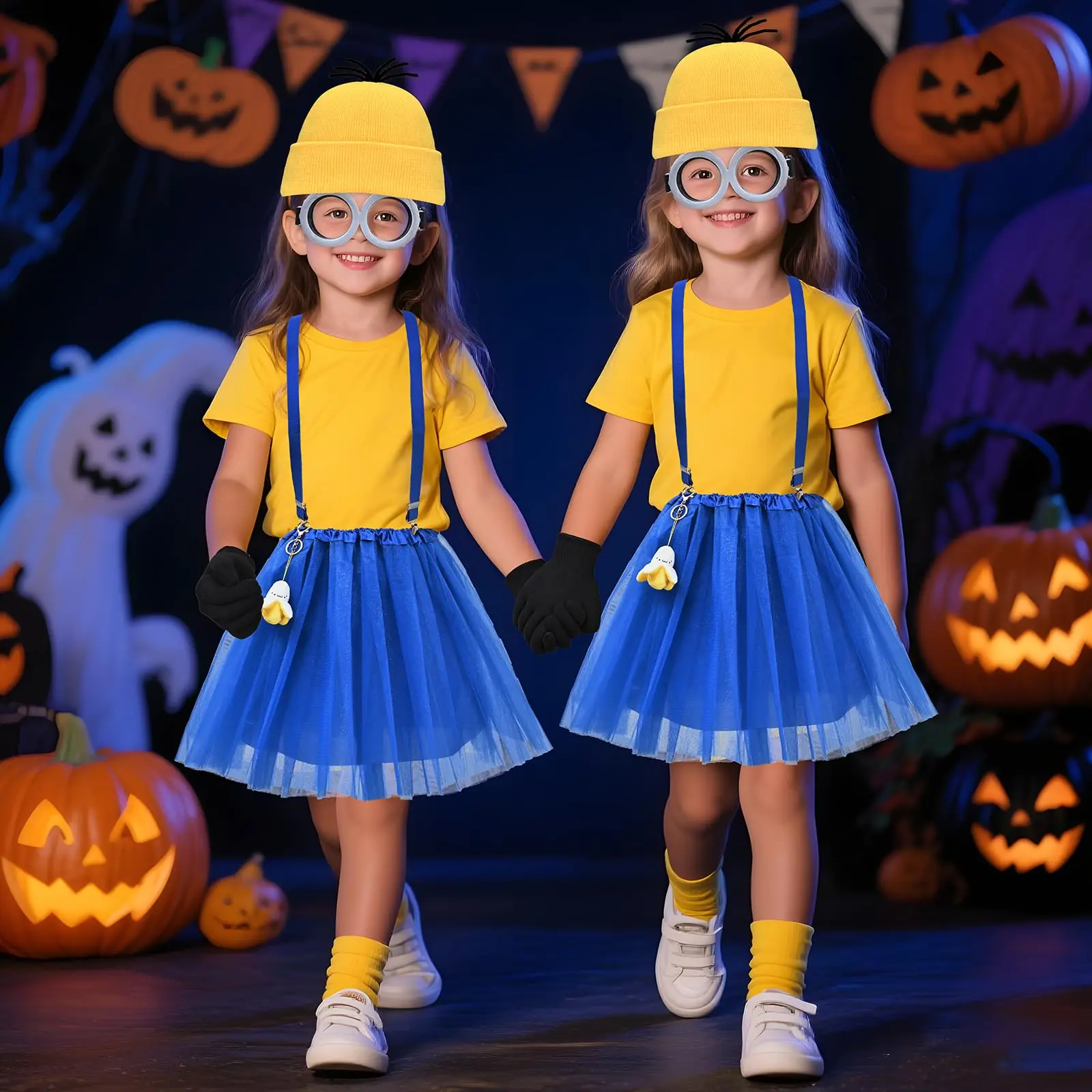 ชุดฮาโลวีนสำหรับเด็กผู้หญิง กระโปรงบัลเลต์ ตุ๊กตากล้วย แว่นตา หมวกบีนนี่ สายเอี๊ยม ถุงมือ อุปกรณ์เสริมชุดคอสเพลย์สำหรับงานปาร์ตี้