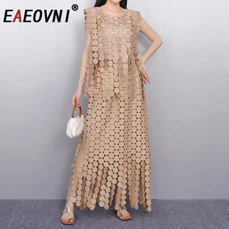 

EAEOVNI Tassel Patchwork Fashion Design Set Women Sleeveless Pullover Tops + A Line Long Skirt Casual 2025 New Clothing
