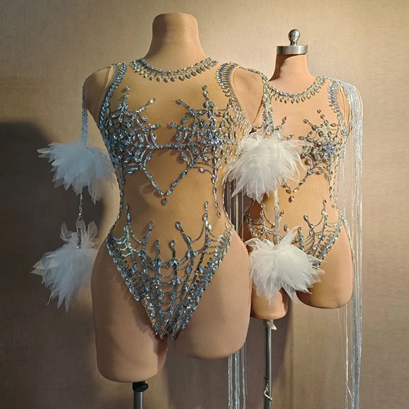 

Sequins Bodysuit Tassel Gogo Dance Clothing Women Jazz Dance Performance Costume Drag Queen Outfit Party Rave Clothes VDB7606