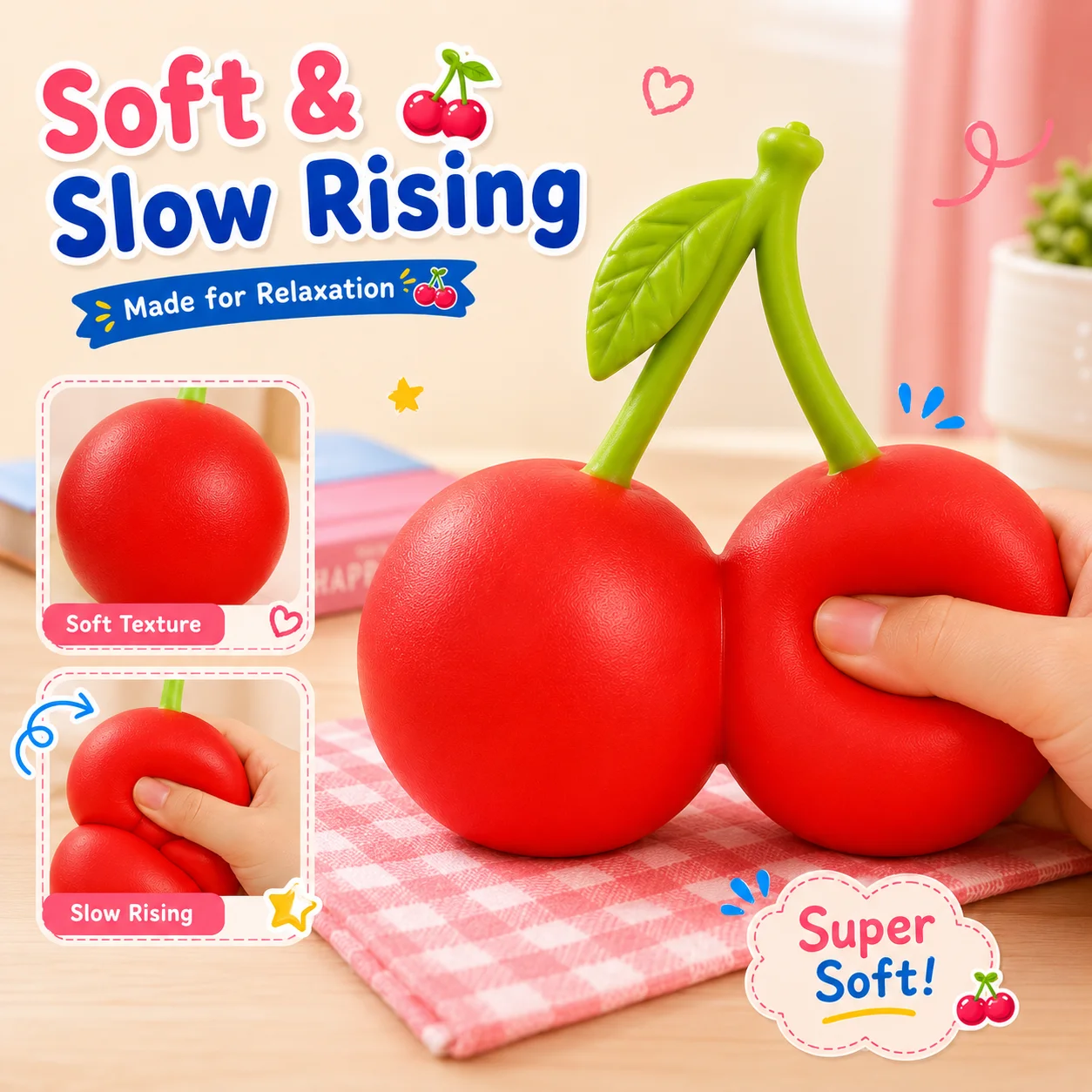 Cherry Squishy Squeeze Toy, Giant Double Cherry Fruit Style Filled Squishy with Slow Rising Soft Tactile Feel
