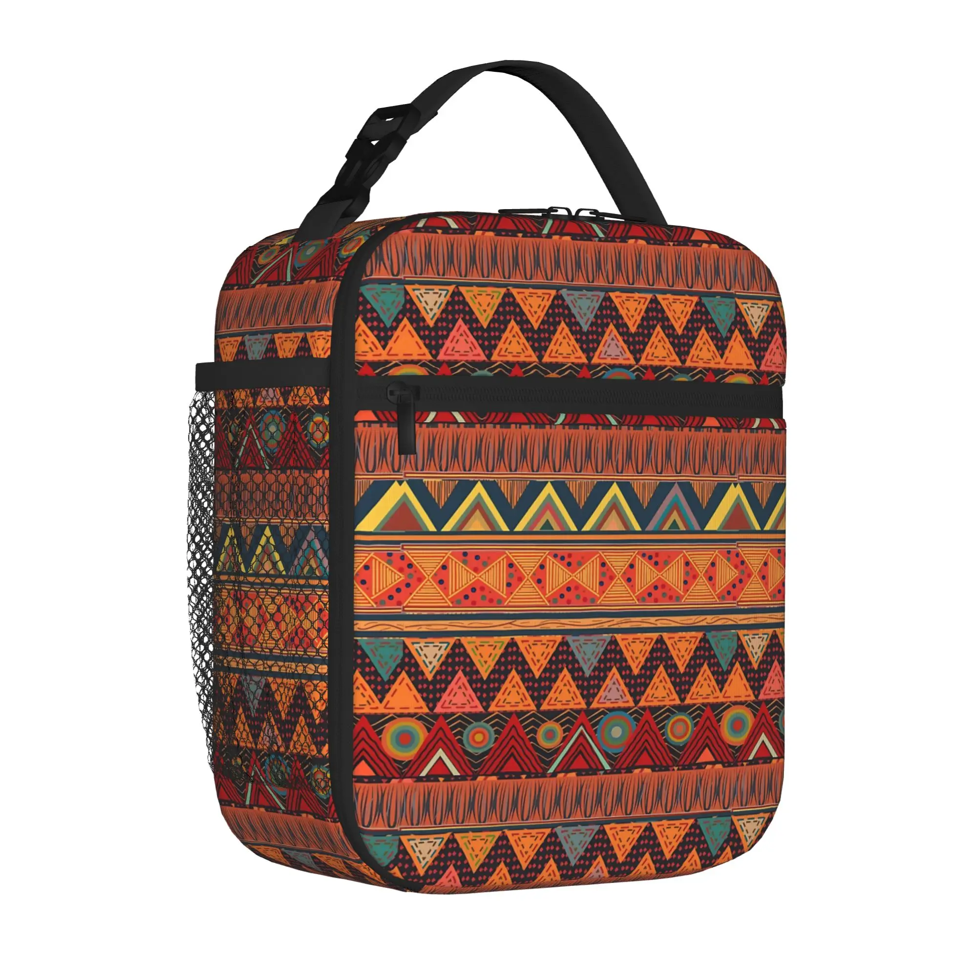 African Ethnic Tribal Ankara Insulated Lunch Tote Bag School Geometric Stripe Lightweight Thermal Cooler Large Size Bento Bags