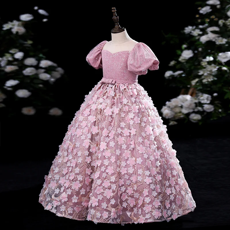 Luxurious Girl's Dresses Pink Petal embroidery Ball Gown Flower Girl dress For Wedding Birthday Party Pageant Long dress